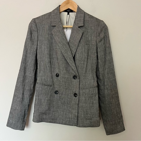 Theory Double-Breasted Linen Tailored Blazer Grey Minimalist Quiet Luxury Size 4 - Picture 4 of 14